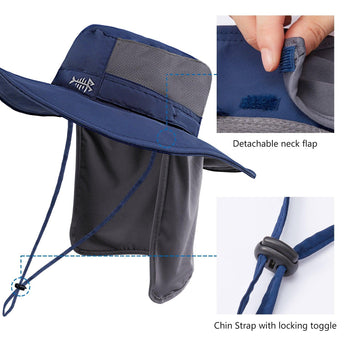 Unisex UPF 50+ Wide Brim Bucket Hat with Detachable Neck Flap FH02 - Bassdash
